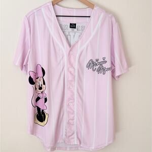 Disney Minnie Mouse Pink Baseball Jersey Button Up Shirt Large Y2K Disneycore